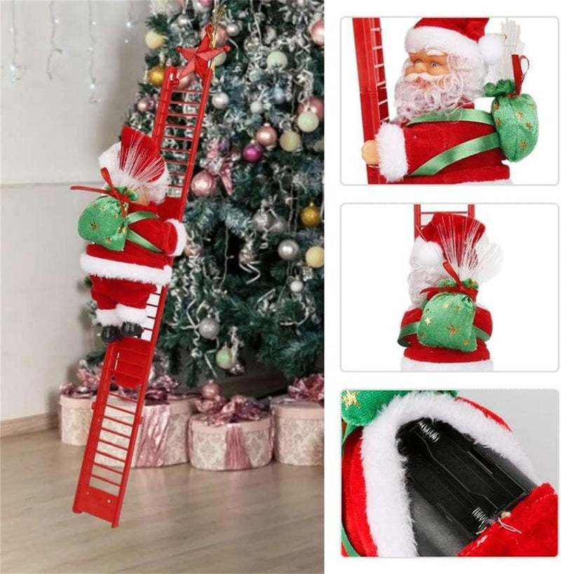 MUNBYN 2025 New Electric Climbing Ladder Santa Claus with Music – AA Battery Powered Christmas Tree Decoration (Batteries Not Included), Climbs up and down with Gift Bag – Sturdy Plastic