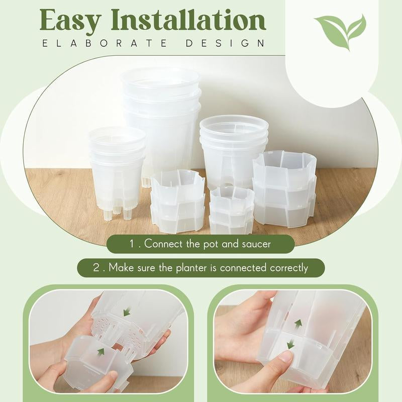 9 Count Self Watering Pots for Indoor with Deep Reservoir and High Drainage Holes for Outdoor and (Clear,4.72'', 5.91'', 7.09'')