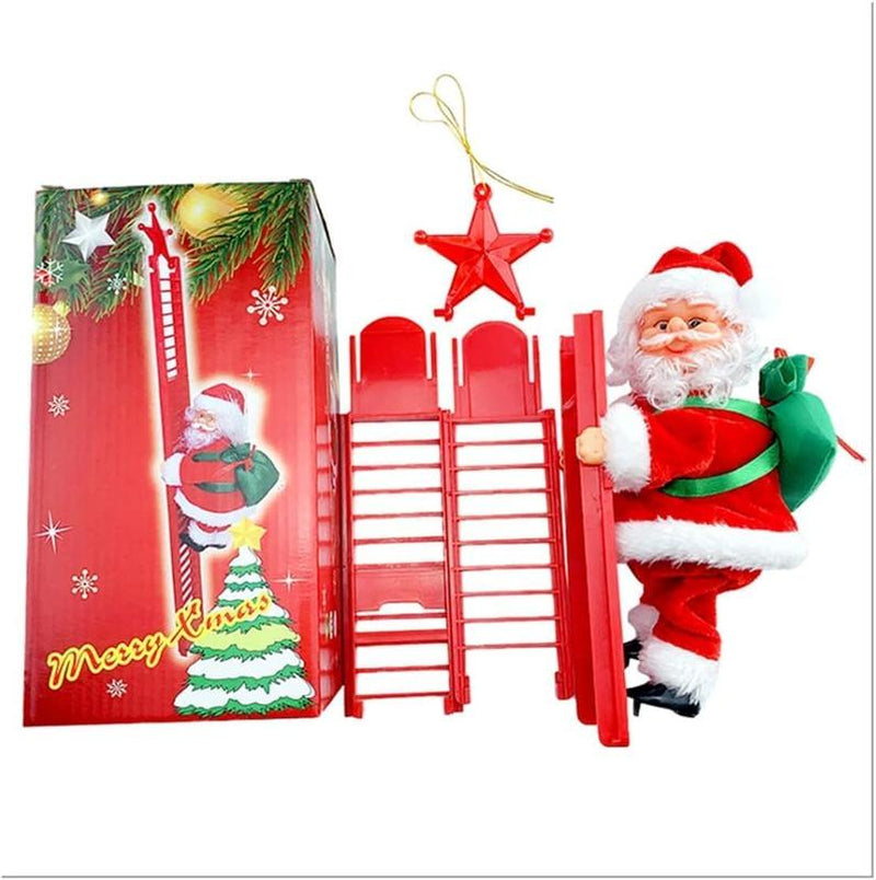 MUNBYN 2025 New Electric Climbing Ladder Santa Claus with Music – AA Battery Powered Christmas Tree Decoration (Batteries Not Included), Climbs up and down with Gift Bag – Sturdy Plastic