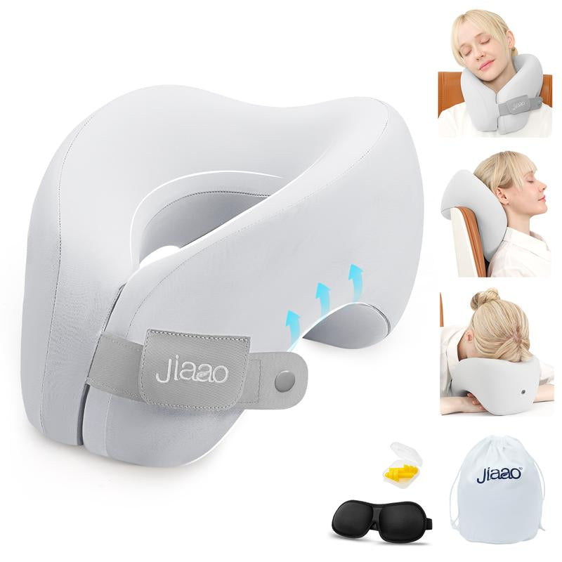 Jiaao 2-In-1 Travel Neck Pillow with 3D Eye Masks & Earplugs - Comfortable Memory Foam U-Shaped Pillow for Airplanes & Naps - Adjustable Velcro & Removable Pillowcase - Portable Storage Bag Included