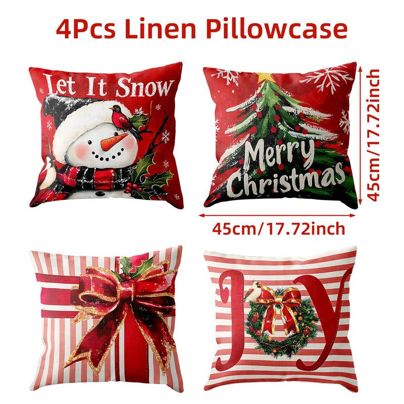 4Pcs Set of 18X18 Inch Christmas Throw Pillow Covers, Winter Holiday Cushion Case Decoration, Snowman&Christmas Tree Designs, Zipperclosure,Linen,Merry Christmas Decor 2025 for Home, Couch, Sofa, Living Room – No Inserts Included