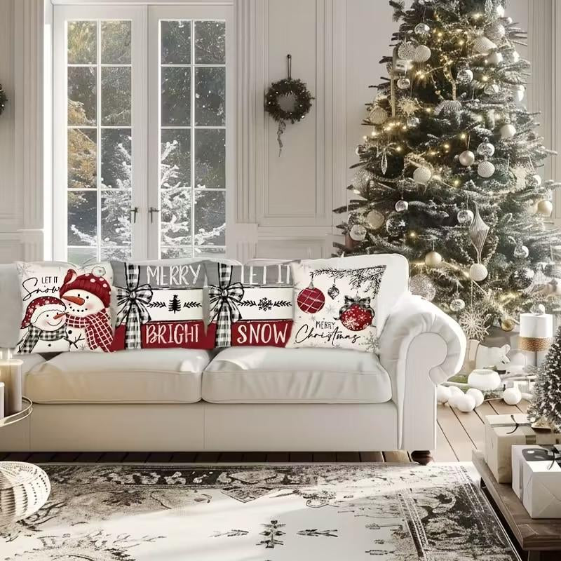 4Pcs Set of 18X18 Inch Christmas Throw Pillow Covers, Winter Holiday Cushion Case Decoration, Snowman&Christmas Tree Designs, Zipperclosure,Linen,Merry Christmas Decor 2025 for Home, Couch, Sofa, Living Room – No Inserts Included