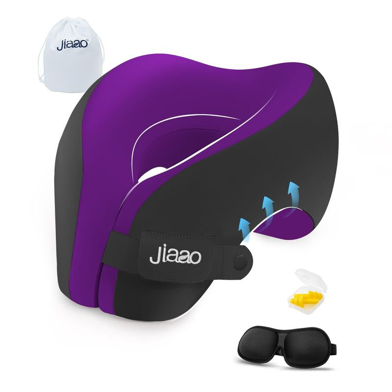 Jiaao 2-In-1 Travel Neck Pillow with 3D Eye Masks & Earplugs - Comfortable Memory Foam U-Shaped Pillow for Airplanes & Naps - Adjustable Velcro & Removable Pillowcase - Portable Storage Bag Included