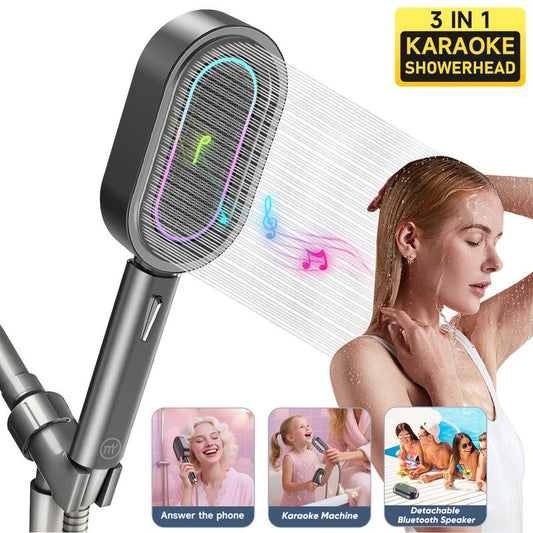 Karaoke Shower Head with Bluetooth Speaker and 16 Color RGB Lights Standalone Unit No Hose IPX7 Waterproof 7H Play Type C Call Function Red Dot Winner Singing Gift Audio Smartphone