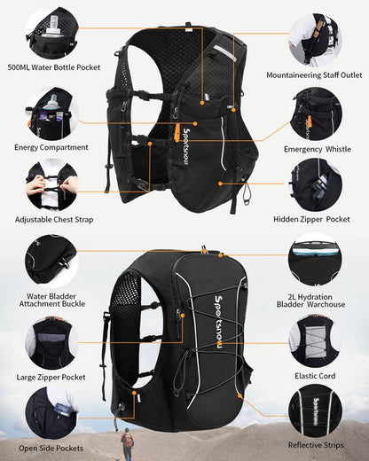 Sportsnew Running Vest for Women Men, Lightweight 10L Hydration Backpack with Waterproof Phone Pocket, 2L Water Bladder or 500Ml Soft Flasks, Breathable Pack for Hiking Trail Running Cycling Marathon Outdoor Race Bikes Road Bikes