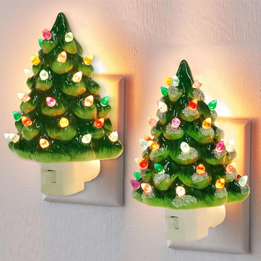 Christmas Ceramic Tree Night Light, Decorative Retro Christmas Tree Nightlight with Lamp, Multicolor Bulbs and 360 Degree Swivel Plug with On/Off Switch for Kitchen Bathroom Bedroom Decor