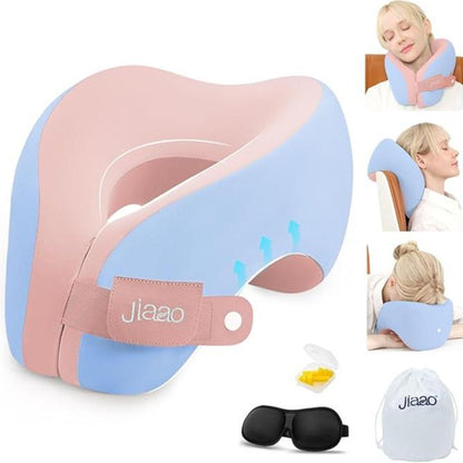 Jiaao 2-In-1 Travel Neck Pillow with 3D Eye Masks & Earplugs - Comfortable Memory Foam U-Shaped Pillow for Airplanes & Naps - Adjustable Velcro & Removable Pillowcase - Portable Storage Bag Included