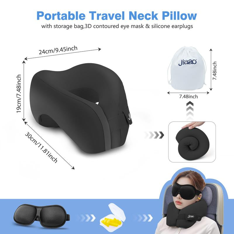 Jiaao 2-In-1 Travel Neck Pillow with 3D Eye Masks & Earplugs - Comfortable Memory Foam U-Shaped Pillow for Airplanes & Naps - Adjustable Velcro & Removable Pillowcase - Portable Storage Bag Included