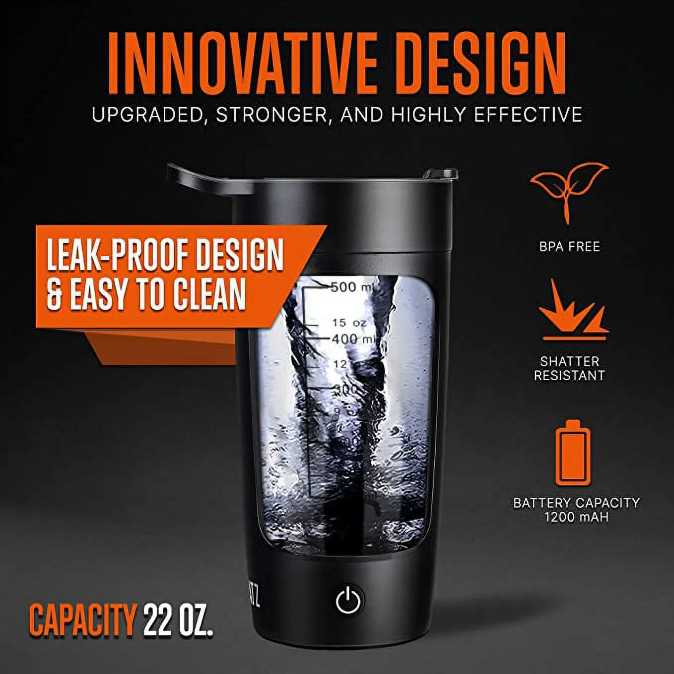 Elevate Your Fitness Game with the 22Oz Electric Shaker Bottle - Automatic Blending Flask for Protein, USB-Rechargeable and Leak-Proof (Black)