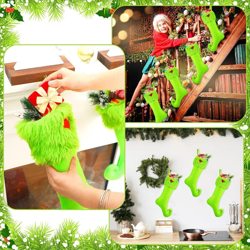 Christmas Stockings 24/4 Pcs Funny Green Furry Christmas Decor Large or Cute Dot Mini Xmas Stockings Candy Bag Christmas Gifts Stocking Stuffer Green Christmas Monster Decorations Party Festival Home Holiday Door Room Wall Fireplace Hanging Ornaments