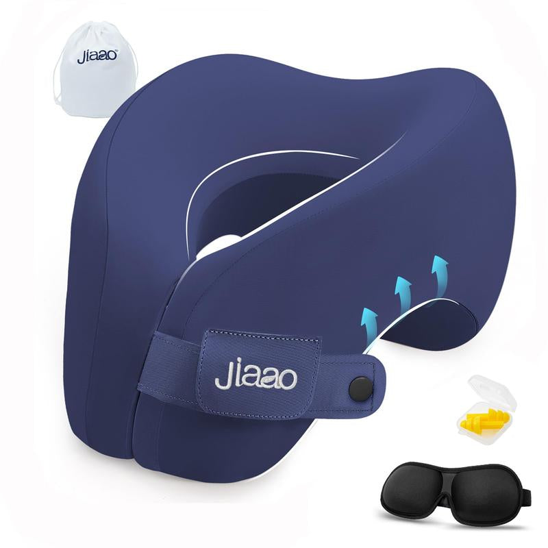 Jiaao 2-In-1 Travel Neck Pillow with 3D Eye Masks & Earplugs - Comfortable Memory Foam U-Shaped Pillow for Airplanes & Naps - Adjustable Velcro & Removable Pillowcase - Portable Storage Bag Included