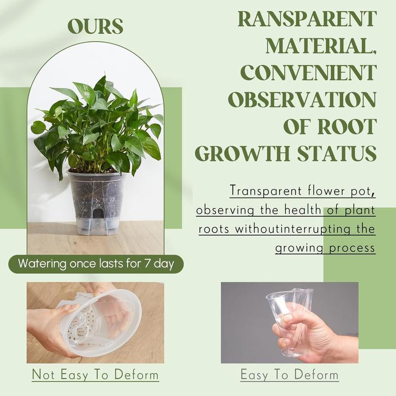 9 Count Self Watering Pots for Indoor with Deep Reservoir and High Drainage Holes for Outdoor and (Clear,4.72'', 5.91'', 7.09'')