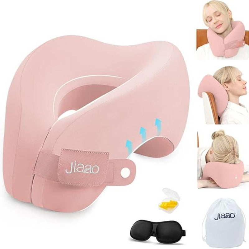 Jiaao 2-In-1 Travel Neck Pillow with 3D Eye Masks & Earplugs - Comfortable Memory Foam U-Shaped Pillow for Airplanes & Naps - Adjustable Velcro & Removable Pillowcase - Portable Storage Bag Included