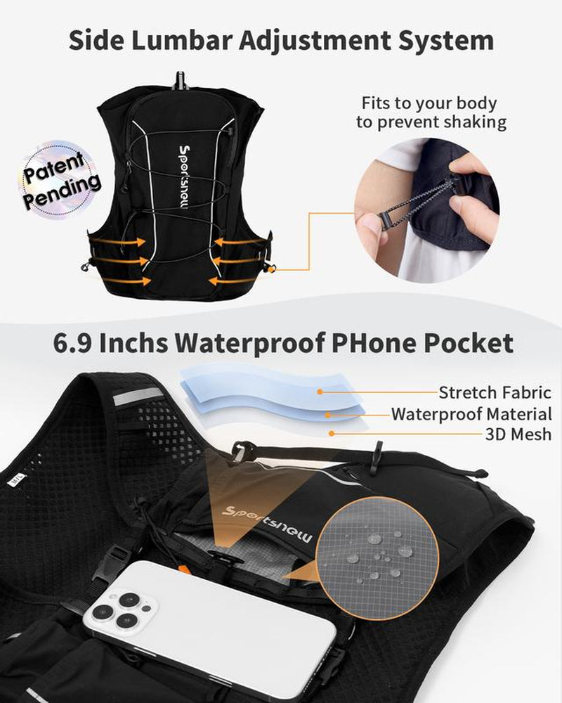 Sportsnew Running Vest for Women Men, Lightweight 10L Hydration Backpack with Waterproof Phone Pocket, 2L Water Bladder or 500Ml Soft Flasks, Breathable Pack for Hiking Trail Running Cycling Marathon Outdoor Race Bikes Road Bikes